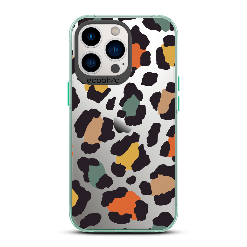Cheetahlicious - Green Eco-Friendly iPhone 13 Pro Case With Multi-Colored Cheetah Print On A Clear Back