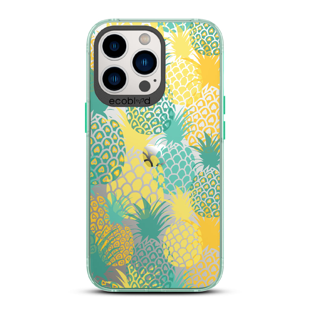 Pineapple Breeze - Green Eco-Friendly iPhone 13 Pro Case With Tropical Colored Pineapples On A Clear Back