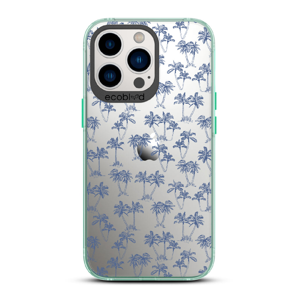 Endless Summer - Green Eco-Friendly iPhone 12/13 Pro Max Case With 50's-Style Blue Palm Trees Print On A Clear Back