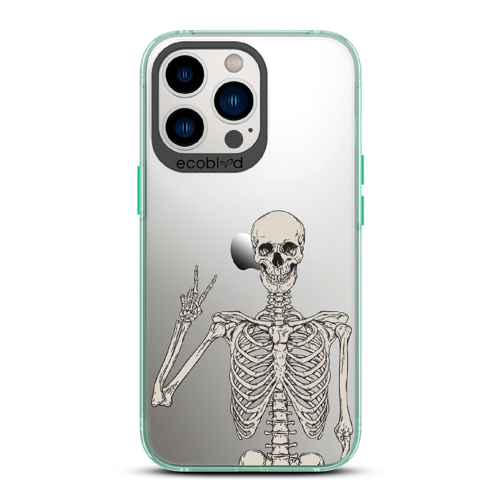 Creepin’ It Real - Green Eco-Friendly iPhone 12/13 Pro Max Case With Skeleton Giving A Peace Sign On A Clear Back