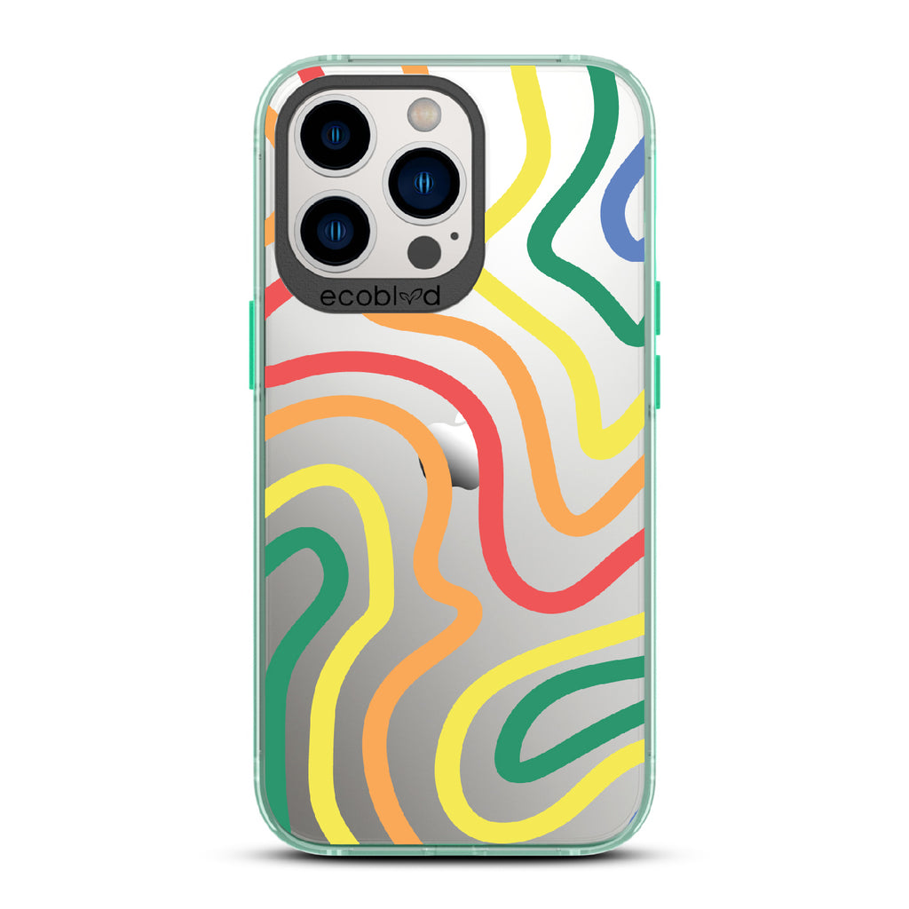 True Colors - Green Eco-Friendly iPhone 13 Pro Case With Abstract Lines In Different Colors Of The Rainbow On A Clear Back
