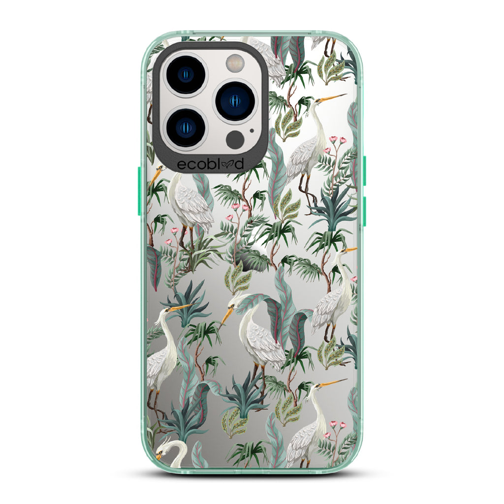Flock Together - Green Eco-Friendly iPhone 12/13 Pro Max Case With Herons & Peonies On A Clear Back