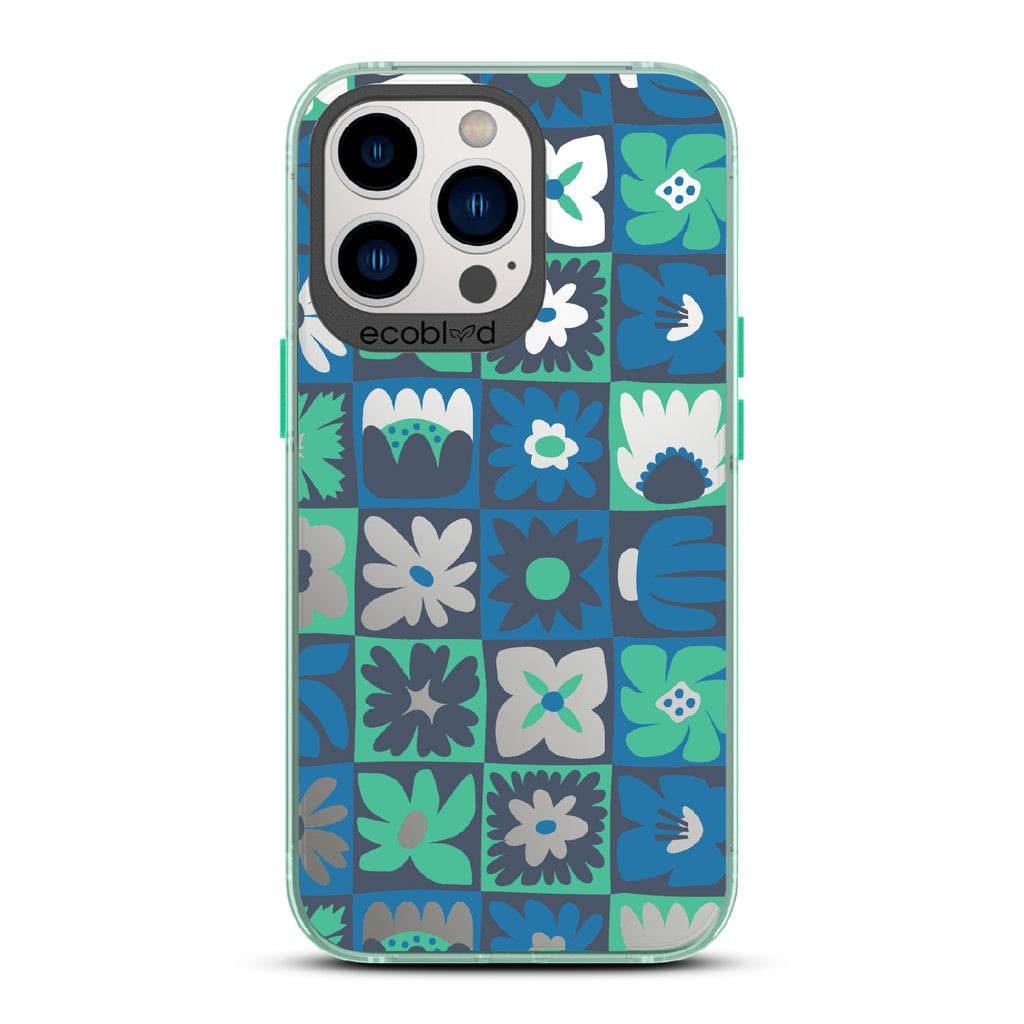Paradise Blooms - Green Eco-Friendly iPhone 12/13 Pro Max Case With Tropical Floral Checker Print On A Clear Back