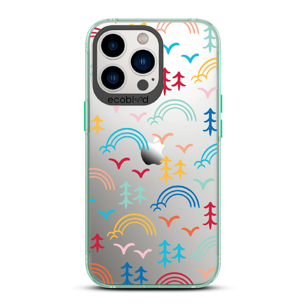 Happy Camper X Brave Trails - Green Eco-Friendly iPhone 12/13 Pro Max Case with Minimalist Trees, Birds, Rainbows On A Clear Back