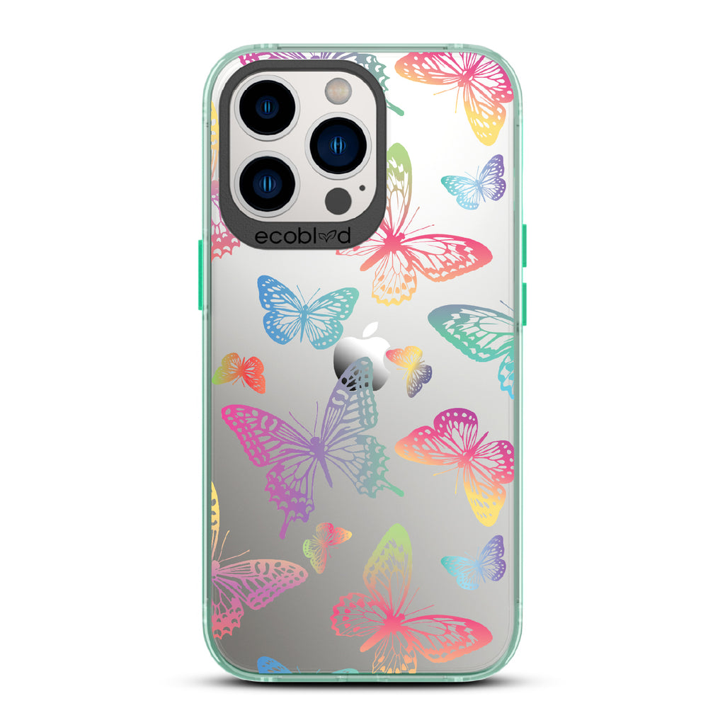 Butterfly Effect - Green Eco-Friendly iPhone 13 Pro Case With Multi-Colored Neon Butterflies On A Clear Back