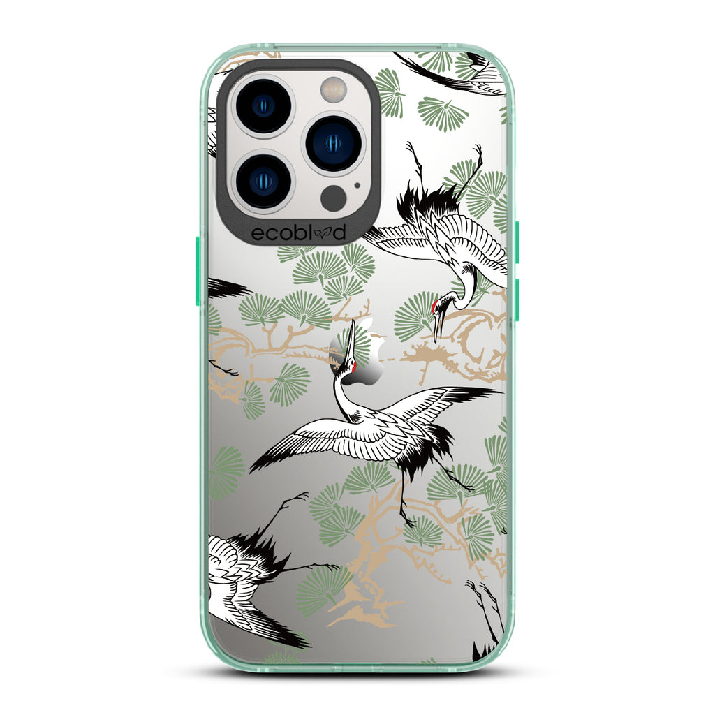 Graceful Crane - Green Eco-Friendly iPhone 13 Pro Case With Japanese Cranes Atop Branches On A Clear Back