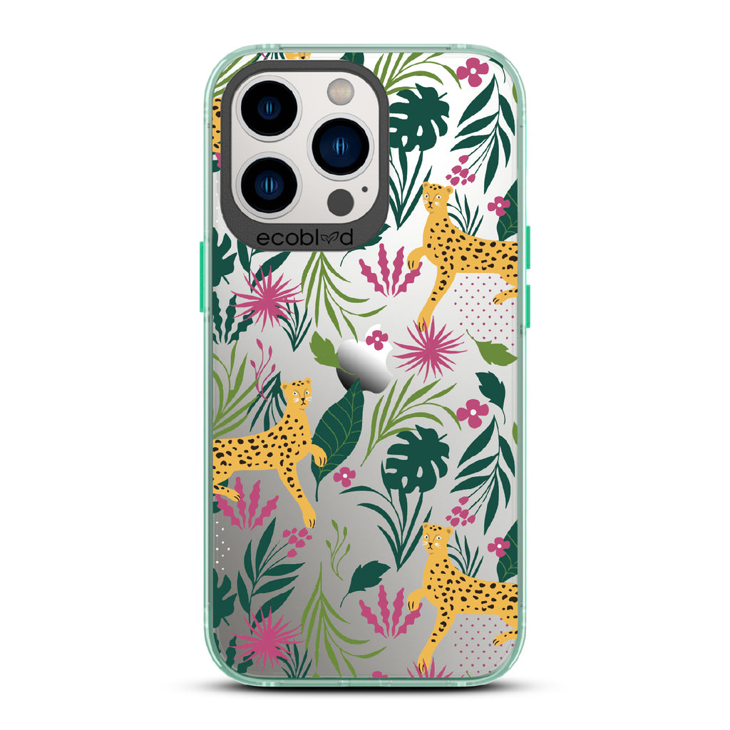 Jungle Boogie - Green Eco-Friendly iPhone 13 Pro Case With Cheetahs Among Lush Colorful Jungle Foliage On A Clear Back