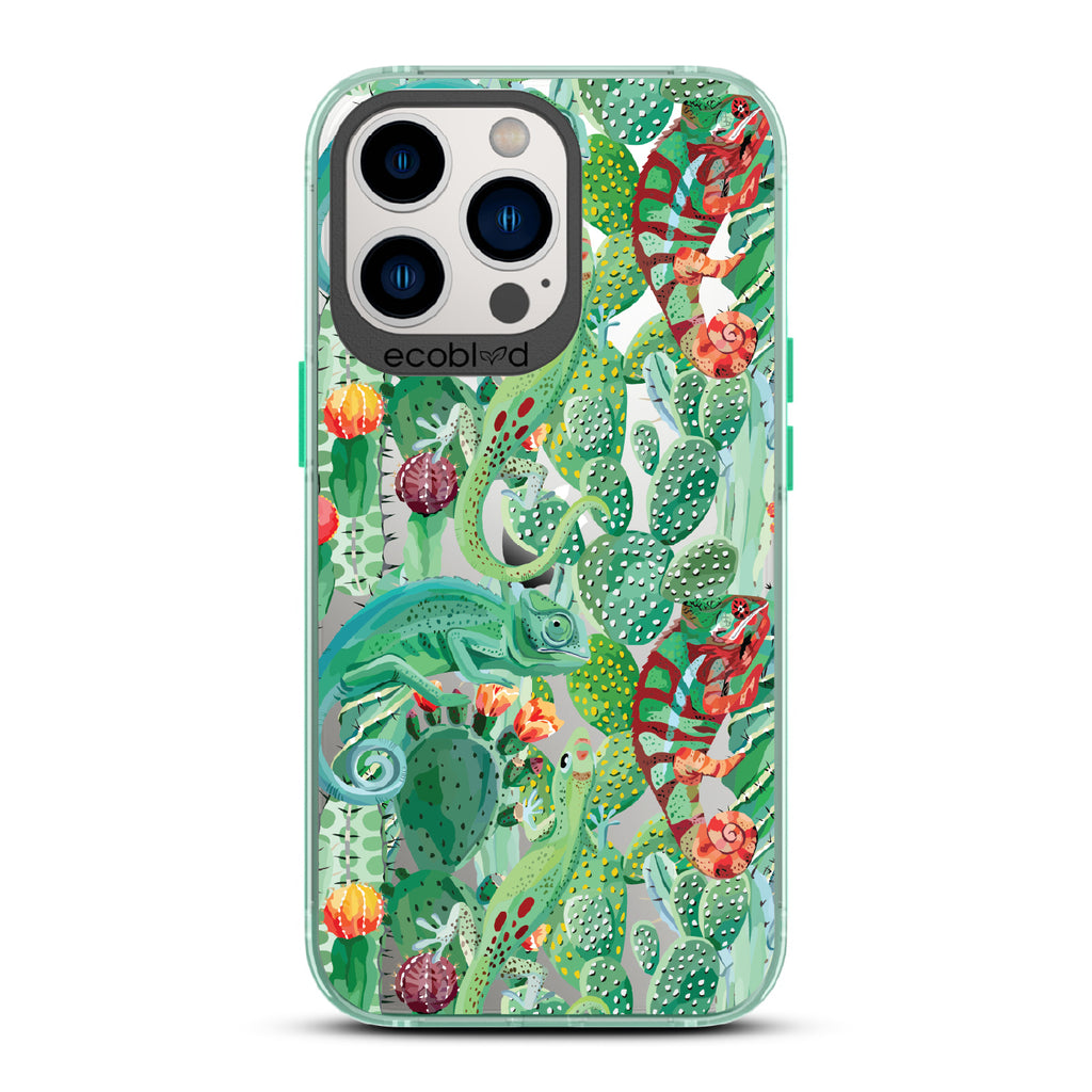 In Plain Sight - Green Eco-Friendly iPhone 12/13 Pro Max Case With Chameleons On Cacti On A Clear Back