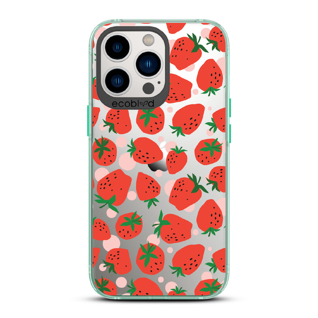 Strawberry Fields - Green Eco-Friendly iPhone 12/13 Pro Max Case With Strawberries On A Clear Back