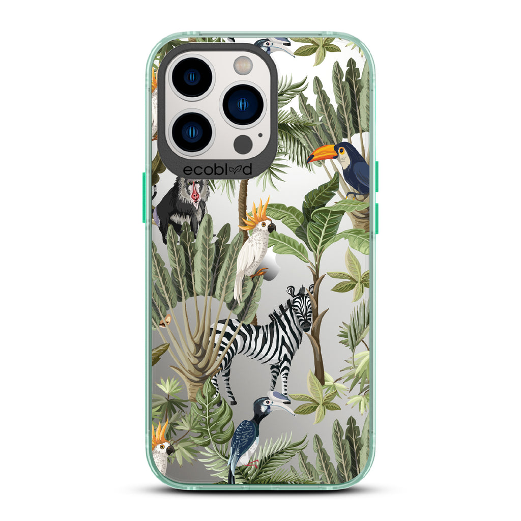 Toucan Play That Game - Green Eco-Friendly iPhone 12/13 Pro Max Case With Jungle Fauna, Toucan, Zebra & More On A Clear Back
