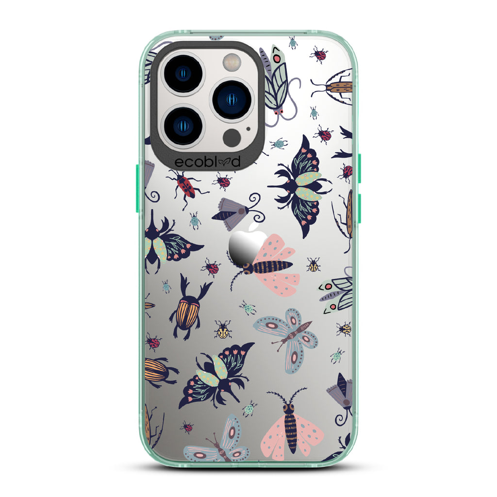 Bug Out - Green Eco-Friendly iPhone 13 Pro Case With Butterflies, Moths, Dragonflies, And Beetles On A Clear Back