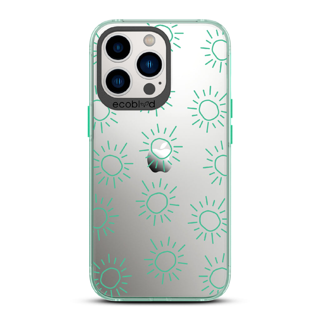 Sun - Green Eco-Friendly iPhone 13 Pro Case With Various Scribbled Suns On A Clear Back