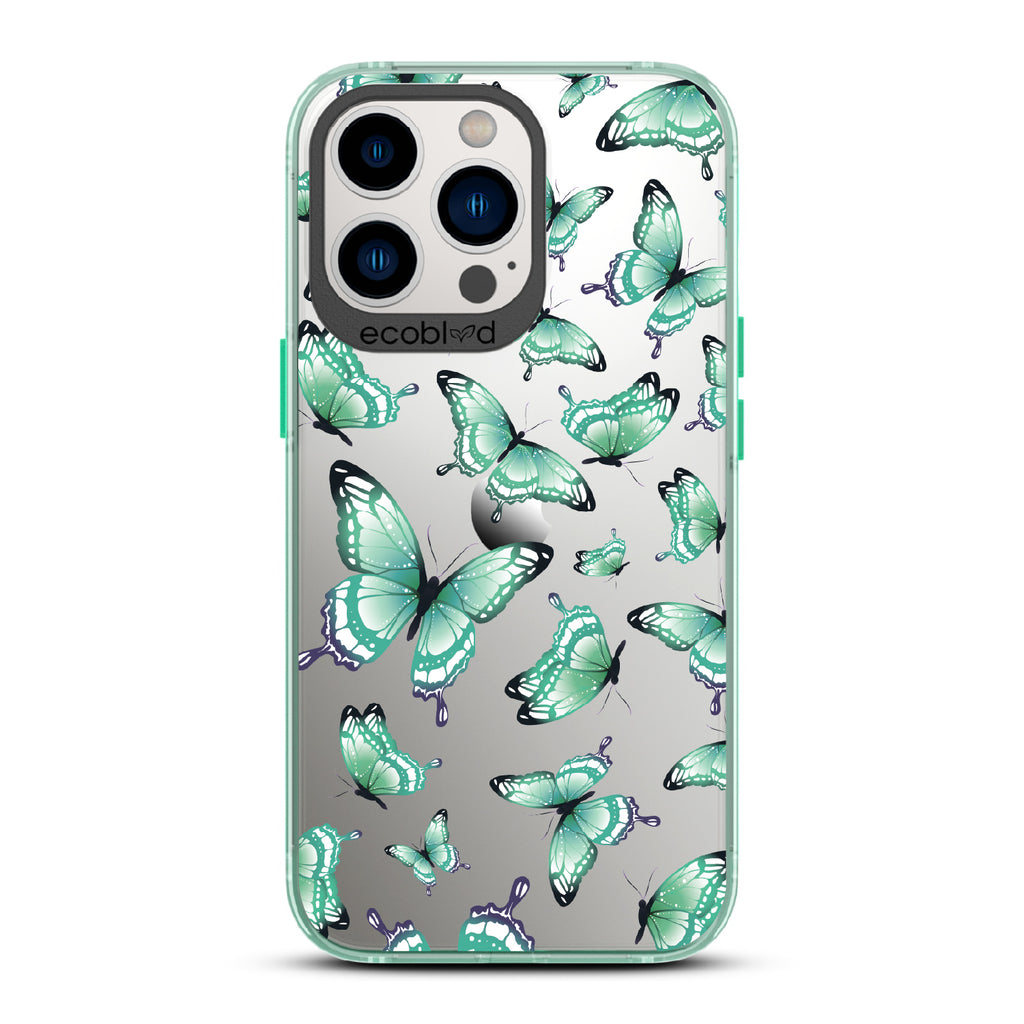 Social Butterfly - Green Eco-Friendly iPhone 13 Pro Case With Green Butterflies On A Clear Back - Compostable