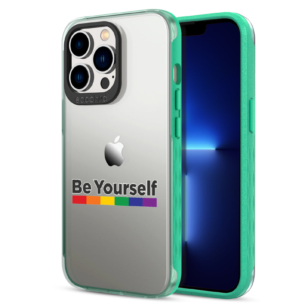 Be Yourself - Back View Of Green & Clear Eco-Friendly iPhone 12/13 Pro Max Case & A Front View Of The Screen