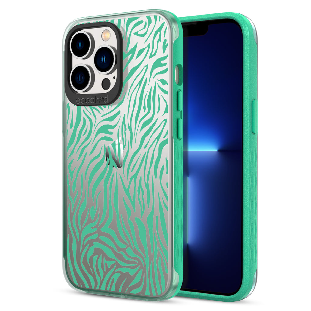 Zebra Print - Back View Of Green & Clear Eco-Friendly iPhone 12/13 Pro Max Case & A Front View Of The Screen