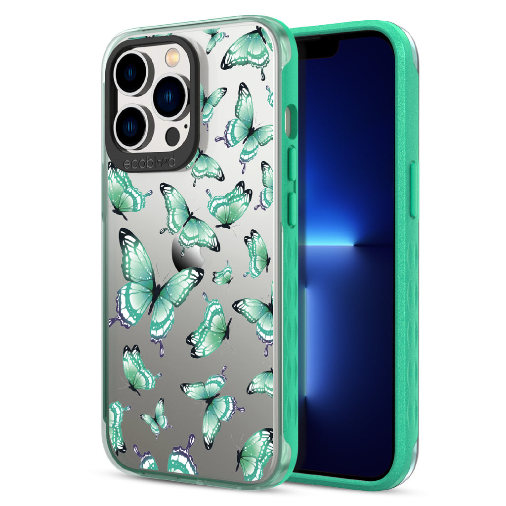 Social Butterfly - Back View Of Green & Clear Eco-Friendly iPhone 13 Pro Case & A Front View Of The Screen