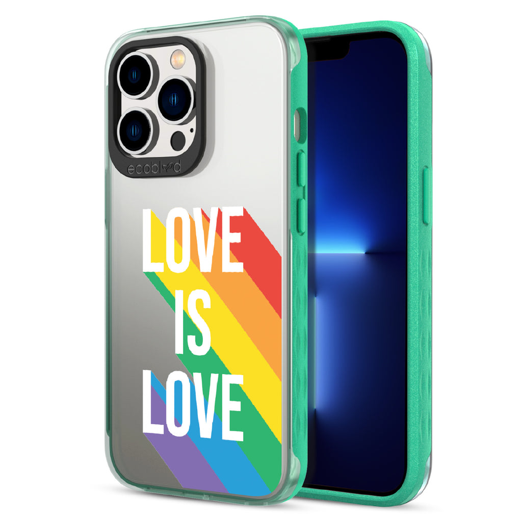 Spectrum Of Love - Back View Of Green & Clear Eco-Friendly iPhone 12/13 Pro Max Case & A Front View Of The Screen