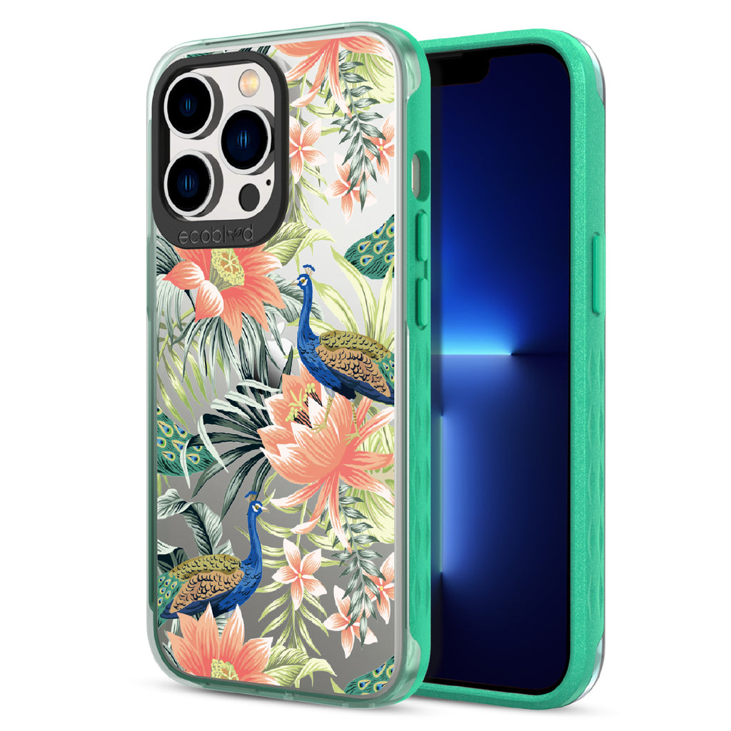 Peacock Palace - Back View Of Green & Clear Eco-Friendly iPhone 13 Pro Case & A Front View Of The Screen