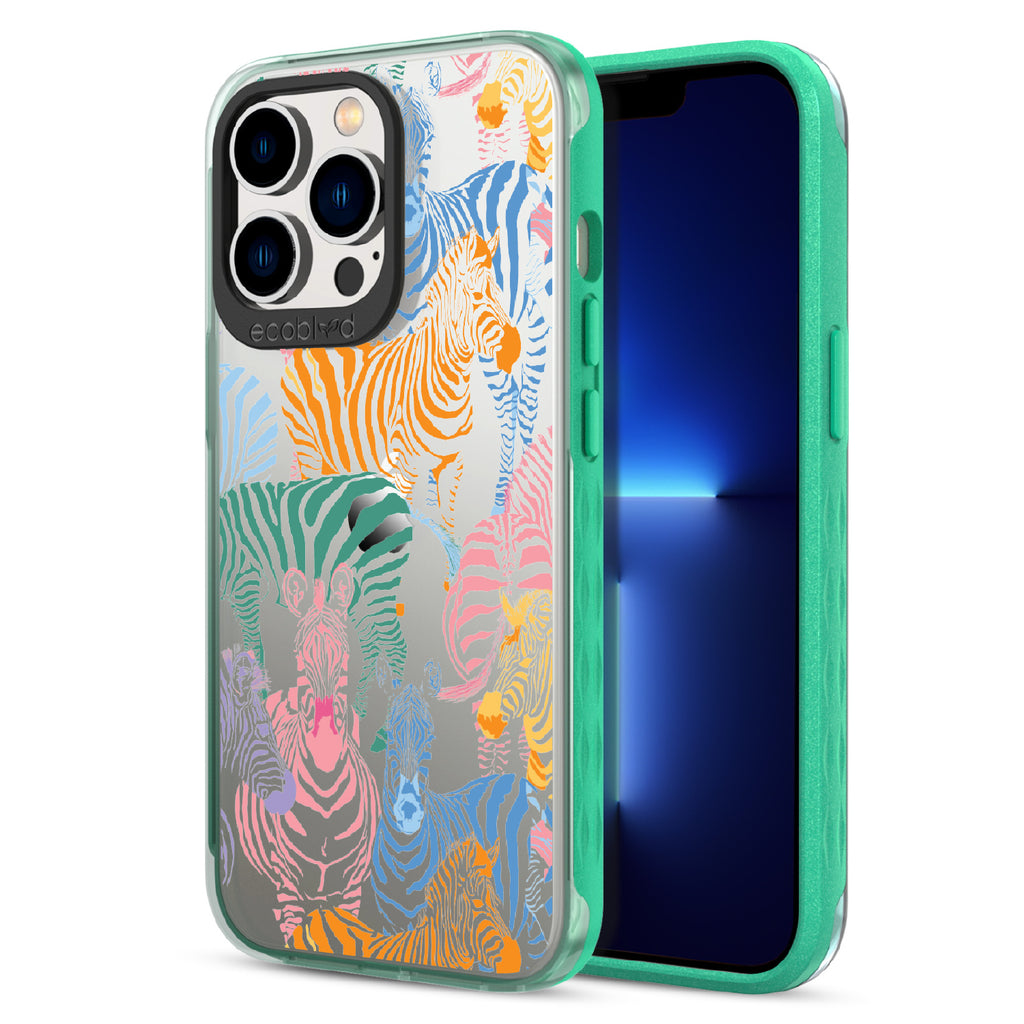 Colorful Herd - Back View Of Green & Clear Eco-Friendly iPhone 13 Pro Case & A Front View Of The Screen