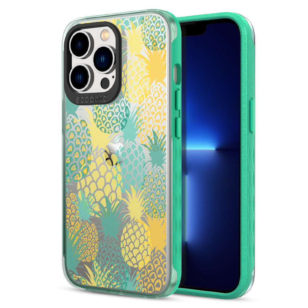 Pineapple Breeze - Back View Of Green & Clear Eco-Friendly iPhone 12/13 Pro Max Case & A Front View Of The Screen