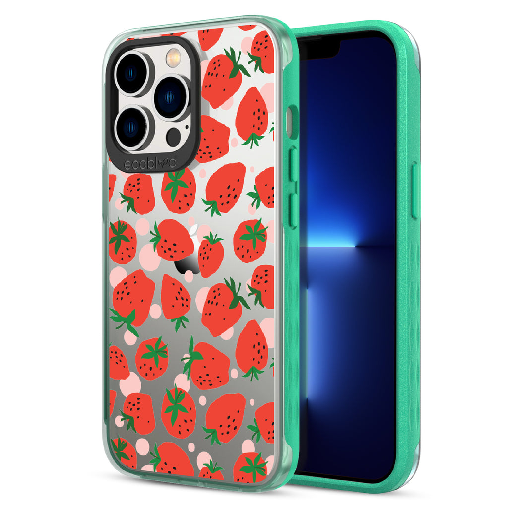 Strawberry Fields - Back View Of Green & Clear Eco-Friendly iPhone 12/13 Pro Max Case & A Front View Of The Screen
