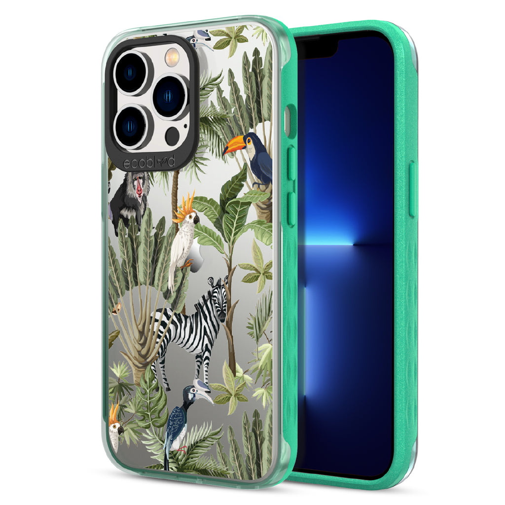 Toucan Play That Game - Back View Of Green & Clear Eco-Friendly iPhone 13 Pro Case & A Front View Of The Screen