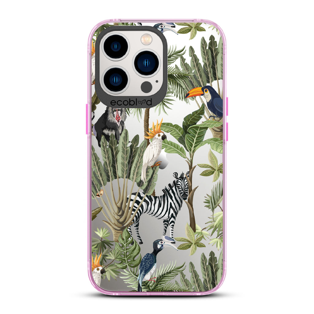 Toucan Play That Game - Pink Eco-Friendly iPhone 12/13 Pro Max Case With Jungle Fauna, Toucan, Zebra & More On A Clear Back