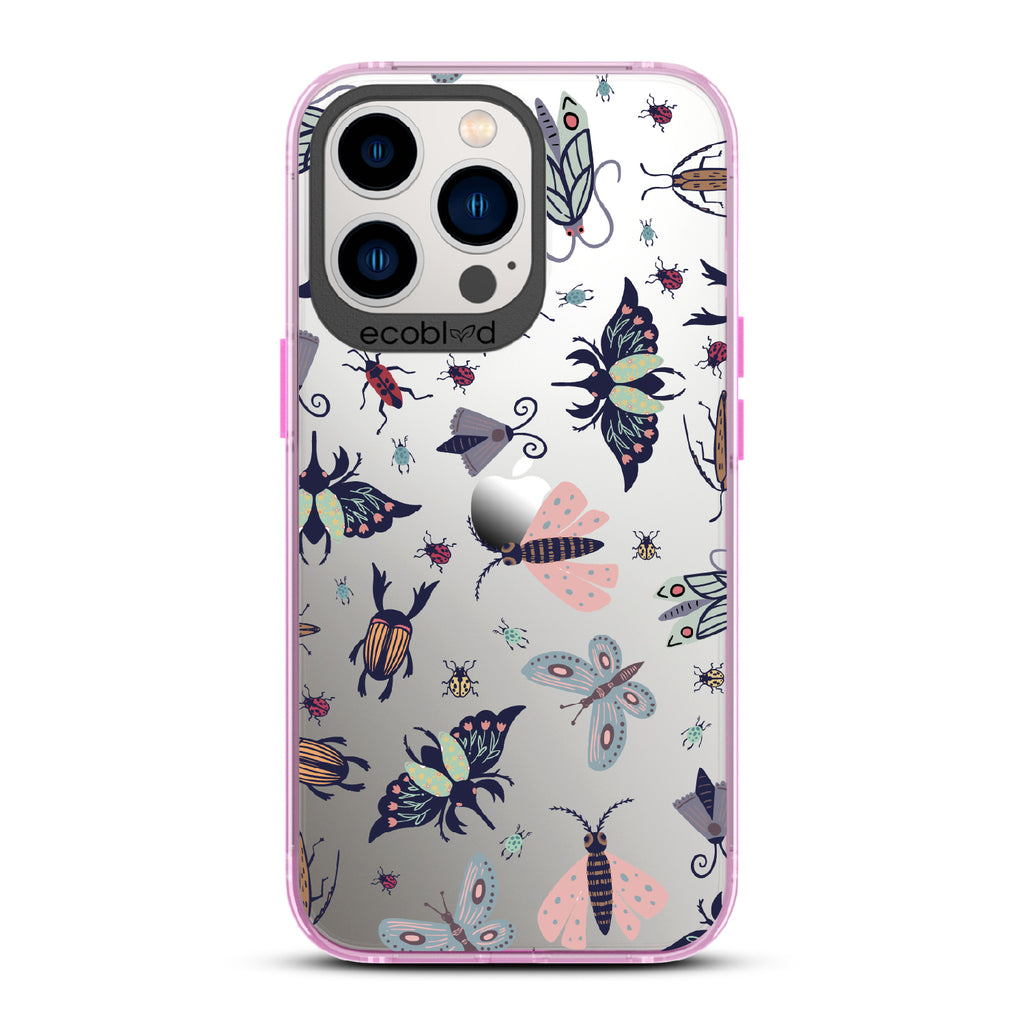 Bug Out - Pink Eco-Friendly iPhone 12/13 Pro Max Case With Butterflies, Moths, Dragonflies, And Beetles On A Clear Back
