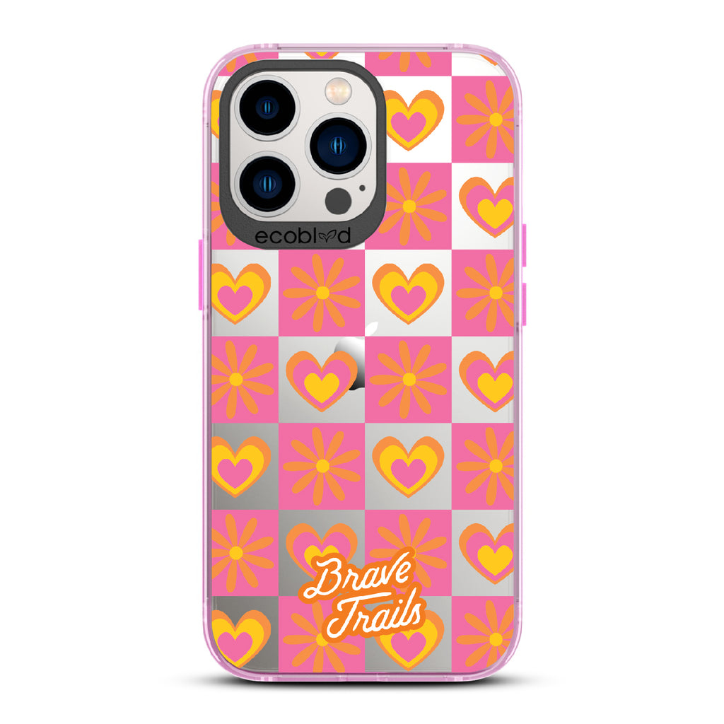 Free Spirit X Brave Trails - Pink Eco-Friendly iPhone 12/13 Pro Max Case with Pink Checkered Hearts & Flowers On Clear Back