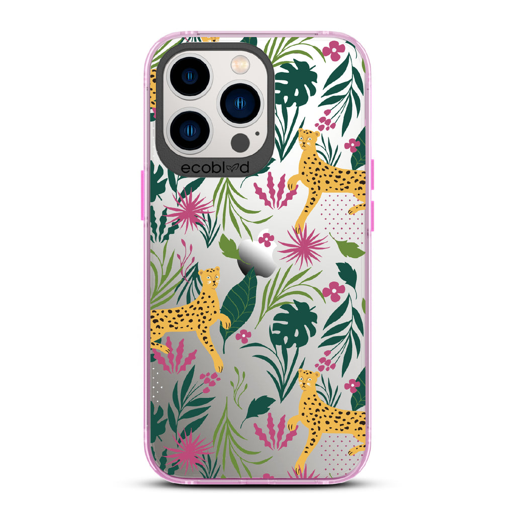 Jungle Boogie - Pink Eco-Friendly iPhone 12/13 Pro Max Case With Cheetahs Among Lush Colorful Jungle Foliage On A Clear Back