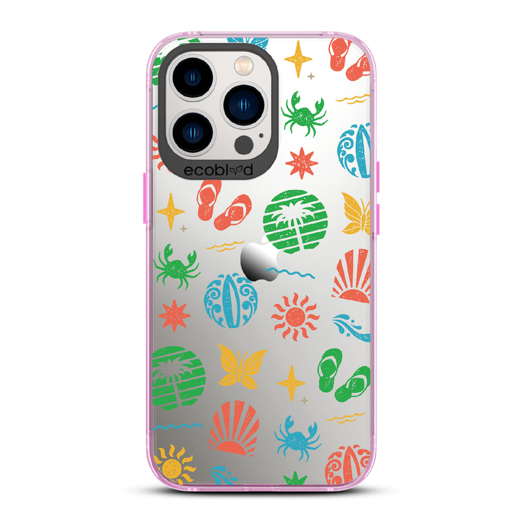 Island Time - Pink Eco-Friendly iPhone 12/13 Pro Max Case With Surfboard Art Of Crabs, Sandals, Waves & More On A Clear Back