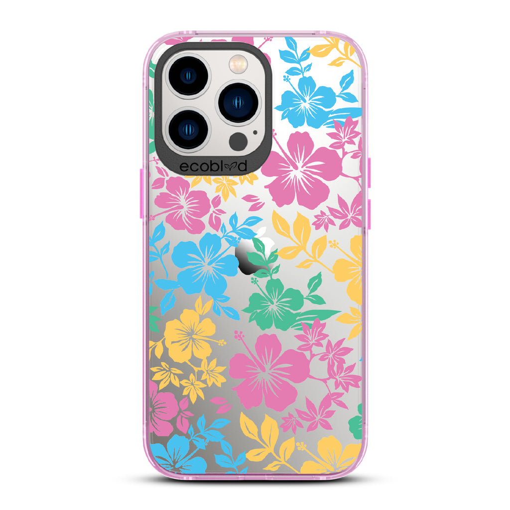 Lei'd Back - Pink Eco-Friendly iPhone 12/13 Pro Max Case With Colorful Hawaiian Hibiscus Floral Print On A Clear Back