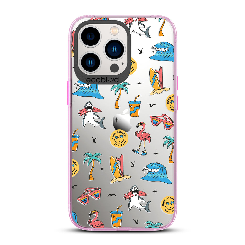 Here Comes The Sun - Pink Eco-Friendly iPhone 12/13 Pro Max Case: Sunglasses, Surfboard, Waves & Beach Theme On A Clear Back