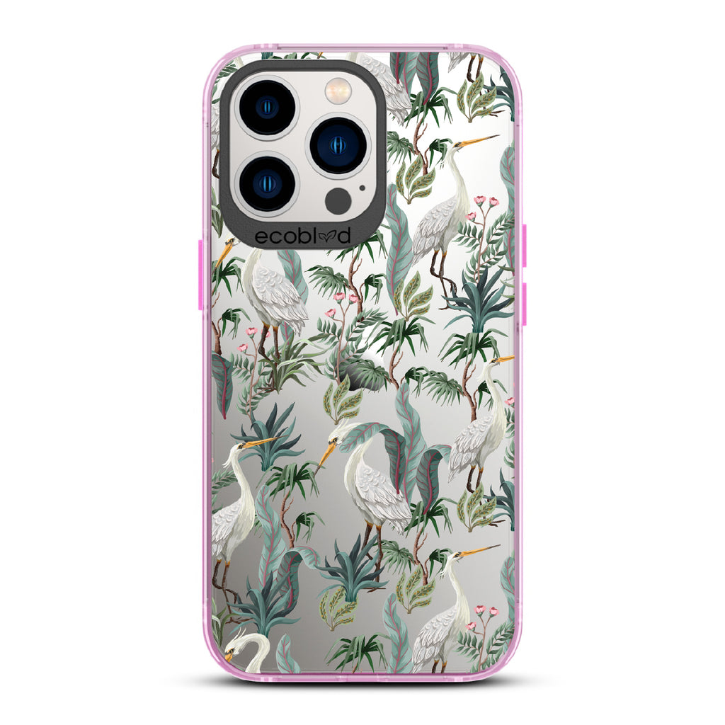 Flock Together - Pink Eco-Friendly iPhone 13 Pro Case With Herons & Peonies On A Clear Back