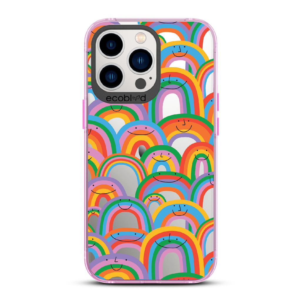 Prideful Smiles - Pink Eco-Friendly iPhone 12/13 Pro Max Case With Rainbows That Have Smiley Faces On A Clear Back