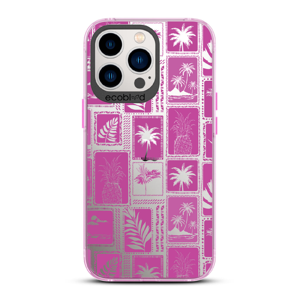 Oasis - Pink Eco-Friendly iPhone 13 Pro Case With Tropical Shirt Palm Trees & Pineapple Print On A Clear Back