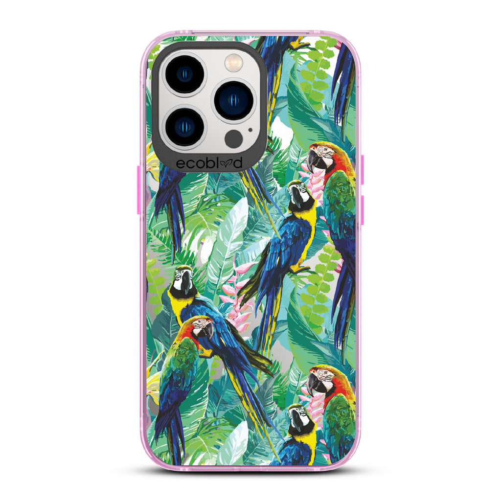 Macaw Medley - Pink Eco-Friendly iPhone 13 Pro Case With Macaws & Tropical Leaves On A Clear Back