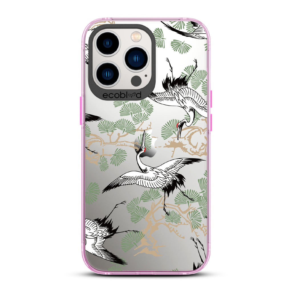 Graceful Crane - Pink Eco-Friendly iPhone 12/13 Pro Max Case With Japanese Cranes Atop Branches On A Clear Back