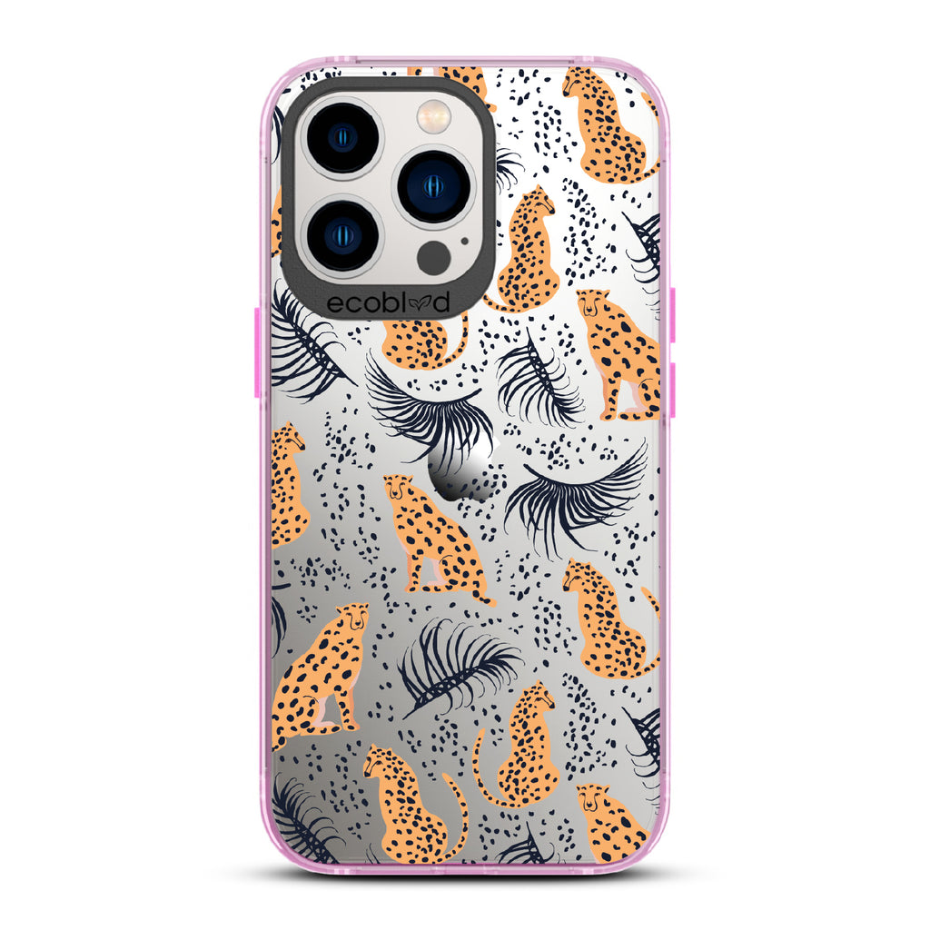 Feline Fierce - Pink Eco-Friendly iPhone 13 Pro Case With Minimalist Cheetahs With Spots and Reeds On A Clear Back