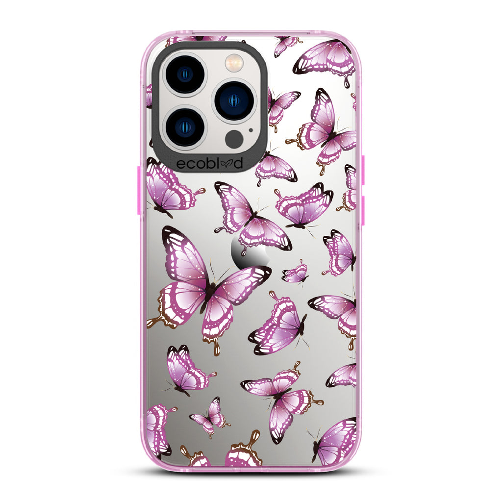 Social Butterfly - Pink Eco-Friendly iPhone 13 Pro Case With Pink Butterflies On A Clear Back - Compostable