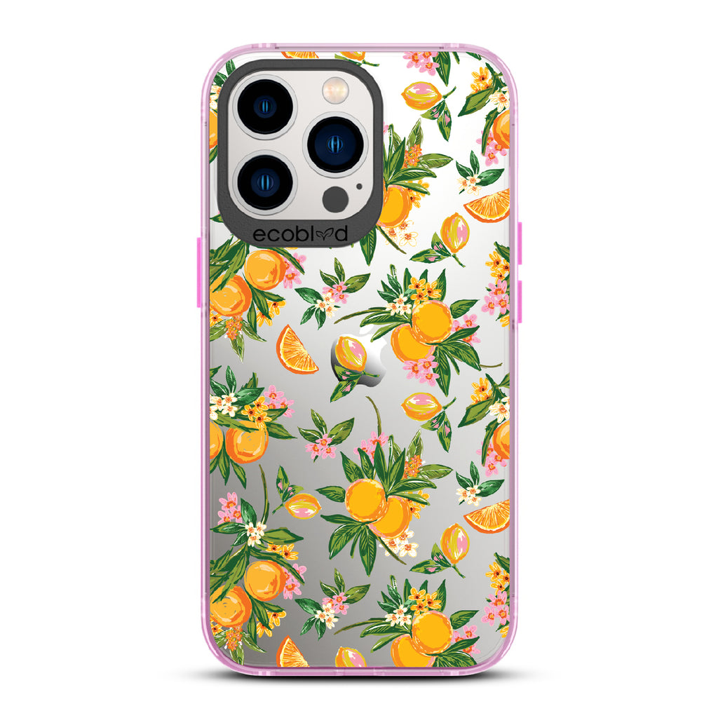 Orange Bliss - Pink Eco-Friendly iPhone 12/13 Pro Max Case With Oranges, Orange Slices and Leaves On A Clear Back