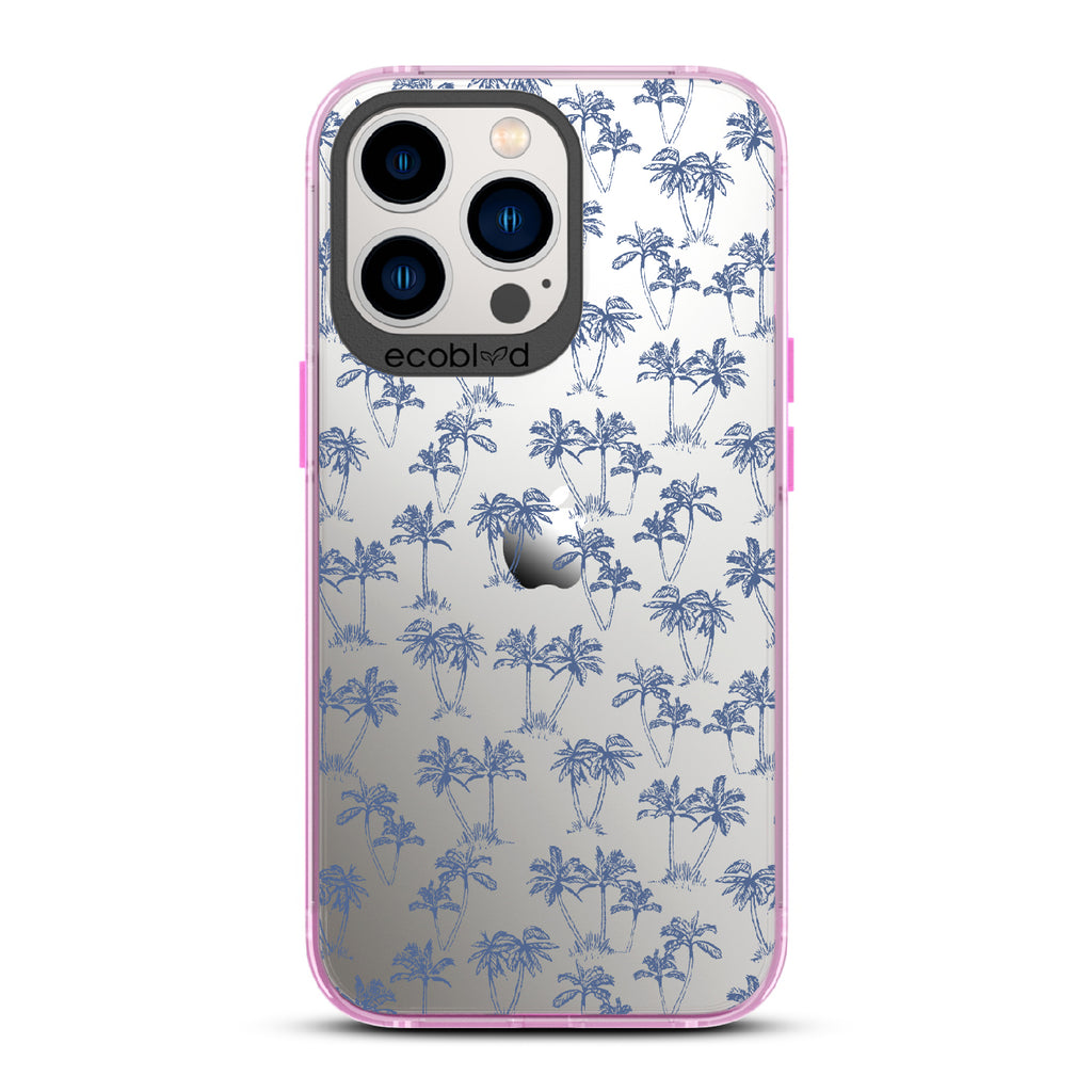 Endless Summer - Pink Eco-Friendly iPhone 12/13 Pro Max Case With 50's-Style Blue Palm Trees Print On A Clear Back