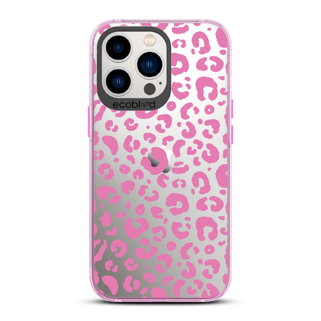 Spot On - Pink Eco-Friendly iPhone 13 Pro Case With Leopard Print On A Clear Back