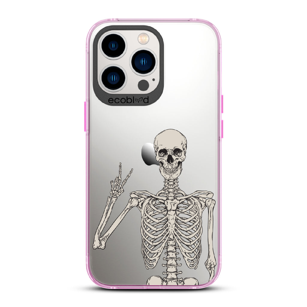 Creepin' It Real - Pink  Eco-Friendly iPhone 13 Pro Case With Skeleton Giving A Peace Sign On A Clear Back