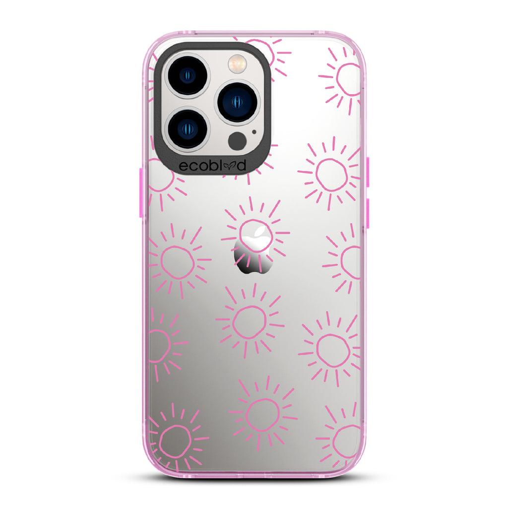 Sun - Pink Eco-Friendly iPhone 13 Pro Case With Various Scribbled Suns On A Clear Back