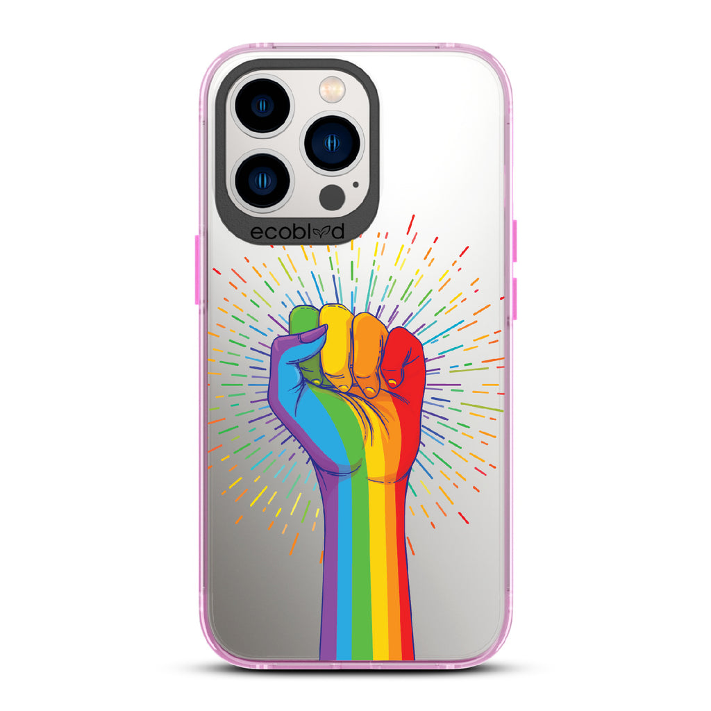 Rise With Pride - Pink Eco-Friendly iPhone 13 Pro Case With Raised Fist In Rainbow Colors On A Clear Back