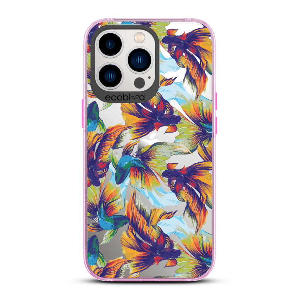 Betta Than The Rest - Pink Eco-Friendly iPhone 12/13 Pro Max Case With Colorful Betta Fish On A Clear Back