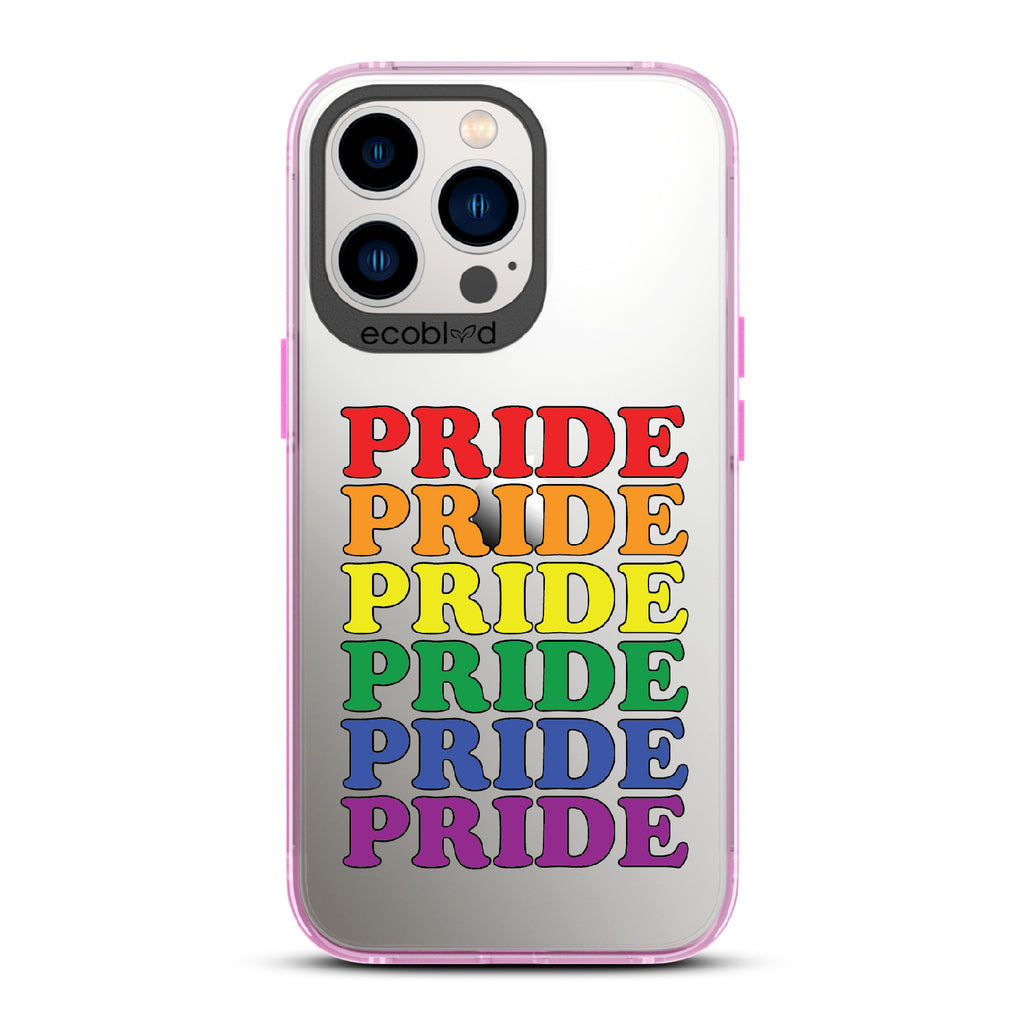 Pride Camp - Pink Eco-Friendly iPhone 13 Pro Case With Pride Stacked In Multiple Rainbow Colors On A Clear Back