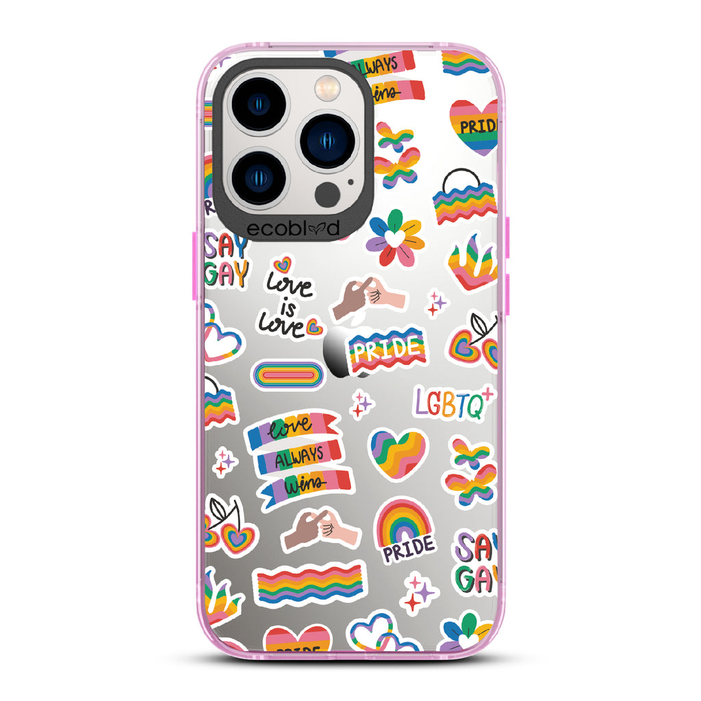 Loud And Proud - Pink Eco-Friendly iPhone 13 Pro Case With Pride, Love Aways Wins + More Sticker-Like Prints On A Clear Back