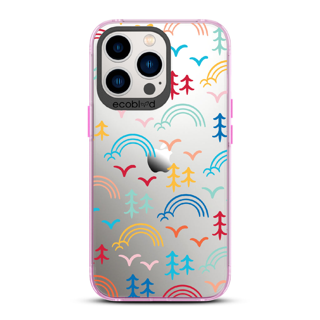  Happy Camper X Brave Trails - Pink Eco-Friendly iPhone 12/13 Pro Max Case with Minimalist Trees, Birds, Rainbows On A Clear Back
